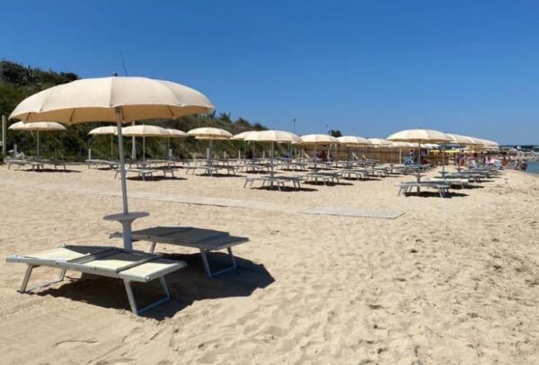 Spiaggia del Lido T Beach con Ombrelloni e Lettini Panoramica