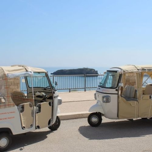 Ape Calessini con vista sul mare di Polignano a Mare e lo Scoglio dell'Eremita